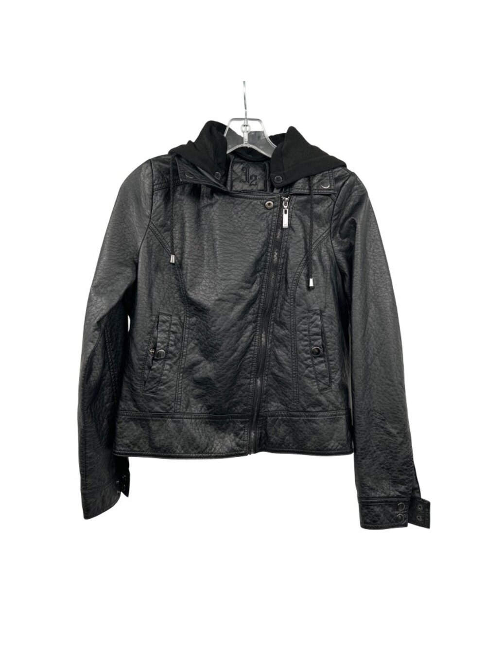 J2 Womens Faux Leather Moto Jacket Hooded Black Size Large